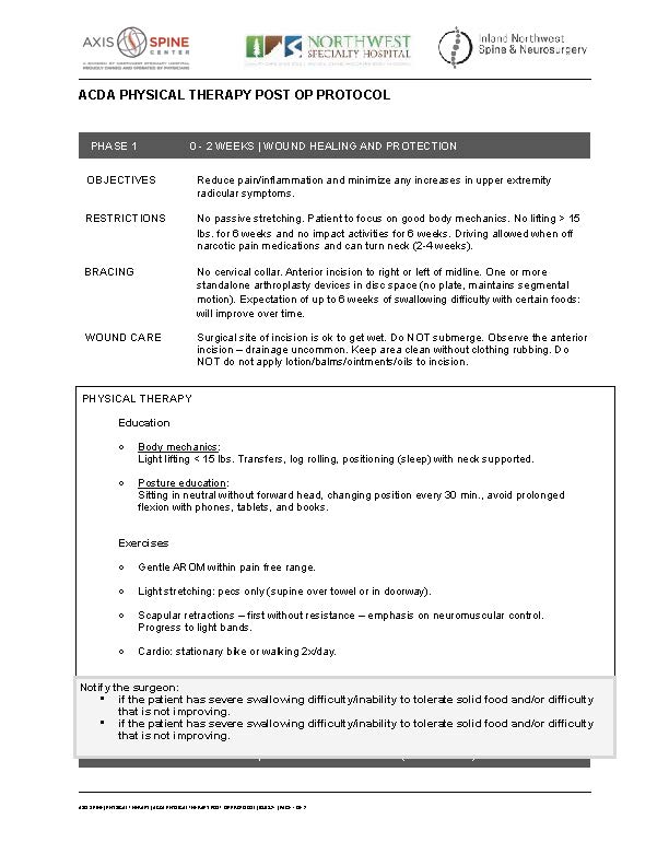 ACDA PHYSICAL THERAPY POST OP PROTOCOL