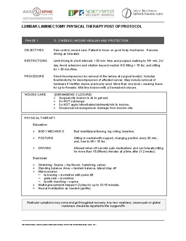 LUMBAR LAMINECTOMY PHYSICAL THERAPY POST OP PROTOCOL