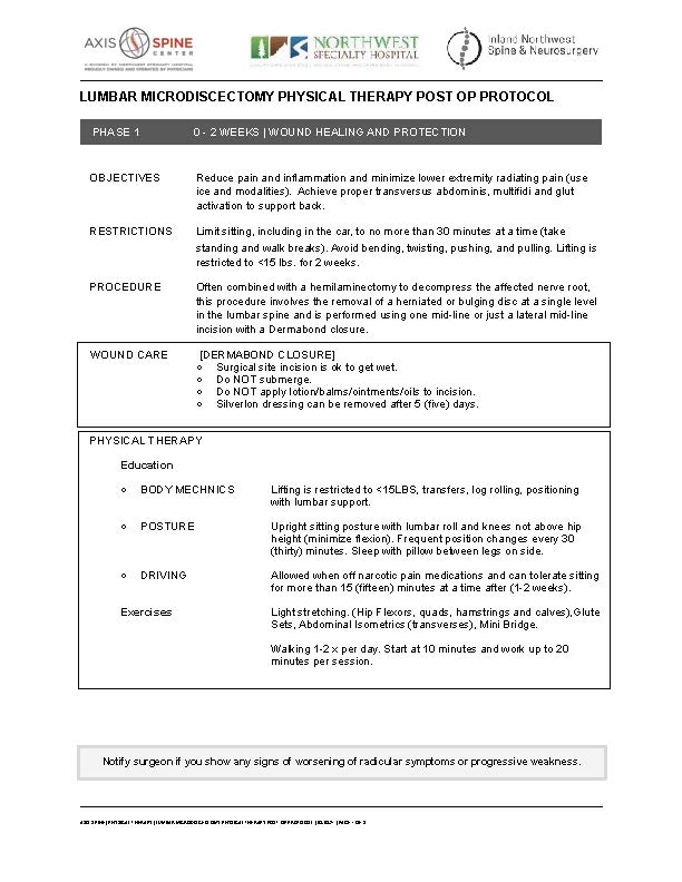 LUMBAR MICRODISCECTOMY PHYSICAL THERAPY POST OP PROTOCOL