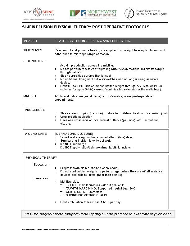 SI JOINT FUSION PHYSICAL THERAPY POST OP PROTOCOL